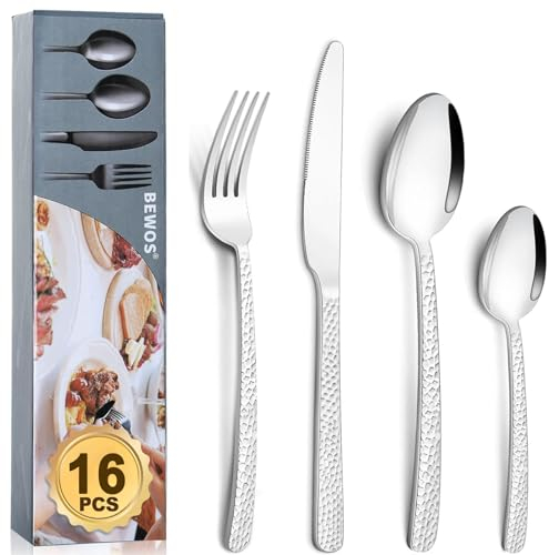 16 Pcs Silverware Set for 4, BEWOS Stainless Steel Flatware Cutlery Set, Mirror Polished Utensils Set, Forks Spoons and Knives Set, Tableware Set for Home/Kitchen/Restaurant/Hotel, Dishwasher Safe