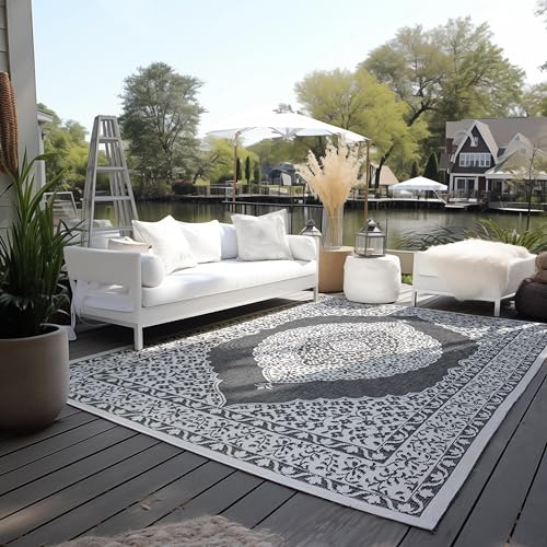 Elle Decoration In und Outdoor Teppich Orientalisch– Wendeteppich Wetterfest & Wasserfest – Vintage Design Outdoorteppich Orient für Garten, Balkon, Terrasse, Wohnzimmer – Schwarz, 200x290cm