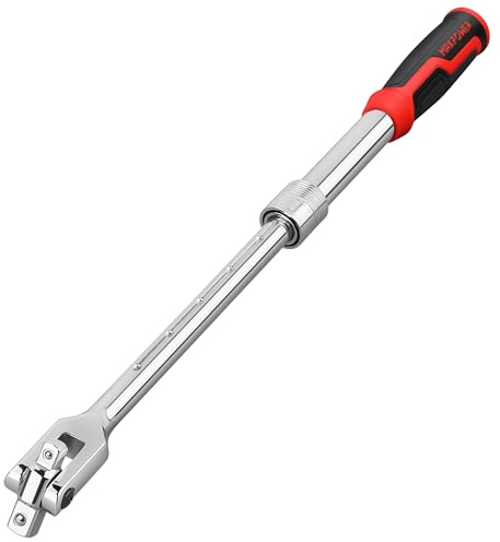 MAXPOWER Extendable Breaker Bar, Telescopic Breaker Bar 360°Flex Head Cheater Bar with Dual Drive 1/2 Inch & 3/8 Inch, 340mm-445mm Length Adjustment