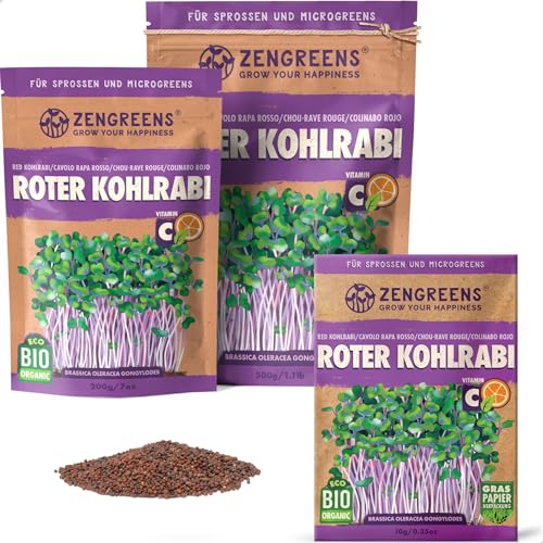 ZenGreens® - Bio Roter Kohlrabi Sprossen Samen - Wähle zwischen 10g, 200g und 500g - Rotes Kohlrabi Bio Saatgut - Keimrate von über 95% - Roter Kohlrabi Sprossensamen zum Keimsprossen ziehen