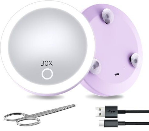 Miroir grossissant de voyage avec lumière 30x, 10,2 cm rechargeable avec ventouses, petit miroir grossissant 30x compact de poche avec ciseaux