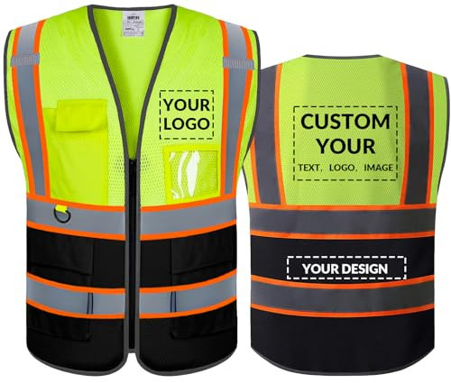 Shmimy Personalisierte Sicherheitsweste Warnweste mit Text oder Logo und 5 Mehreren Taschen Hohe Reflektivität Warnschutz Arbeitsweste Sicherheitsweste （Gelb Schwarz-M）