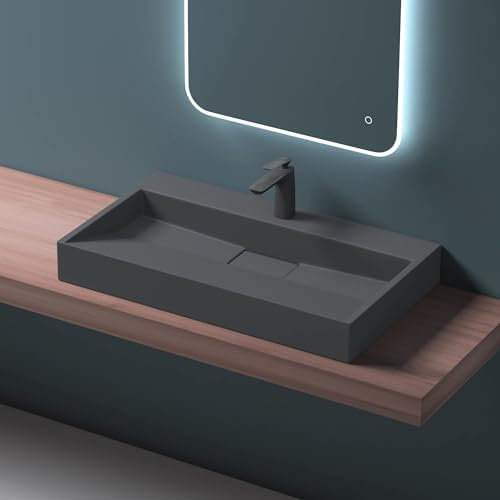 Mai & Mai Waschbecken Matt Anthrazit Aufsatzwaschbecken Hängewaschbecken Hängewaschtisch inkl. Ablaufgarnitur Mineralguss Rechteckig Waschplatz 1 Armaturenloch Breite: 90cm