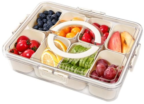 Fuutuu Snack Box with 8 Removable Compartments, Divided Serving Tray with Lid and Handle, Reusable Snackle Box for Veggies, Candy, Fruits, Nuts (Rectangle)