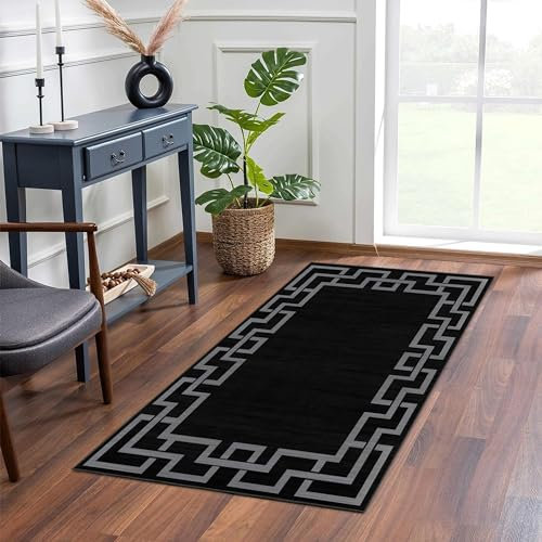 MOONLIGHT20015 Rugs Living Room – Small Bedside Black Area Rugs for Bedroom 40x60cm – Door Mat for Entryway Greek Key Style Modern Rug, Nico Black