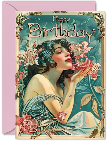 Giftzie Geburtstagskarte für Frauen – Jugendstil, Schönheit, Blumenmode, Happy Birthday Karten für sie, Frau, Mädchen, Freunde, Familie, A5, schöne Märchen-Grußkarten