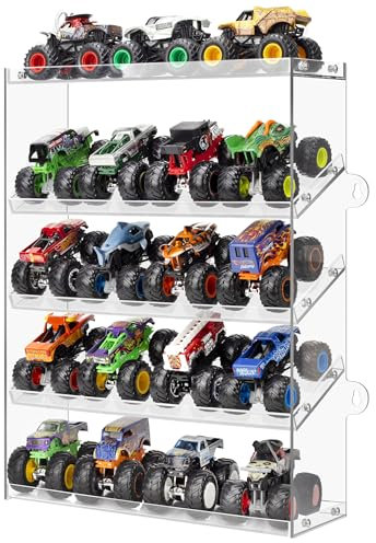 Assembly Monster Trucks Display Case Holding for 20 Monster Trucks Acrylic Storage Case 5 Tiers Monster Trucks Organizer with Tilted Design, Display Case for Toy Trucks (Transparent)