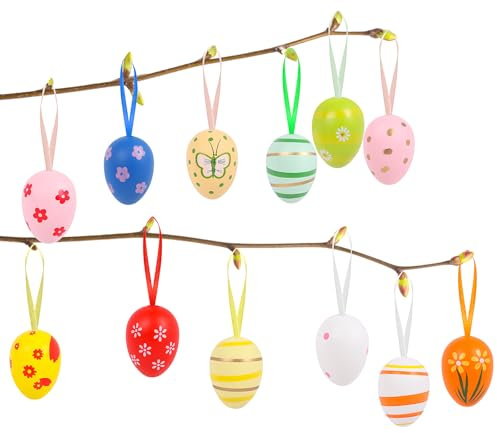 JOFONY Ostereier zum Aufhängen,24 Stück Bunte Eier Ostern Plastik Deko,Osterdeko mit Bändchen zum Aufhängen,Hängedeko Plastikeier für Ostern Geschenk Osterdekoration