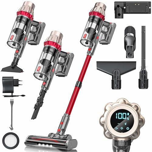 KESSER® Akku Staubsauger kabellos bis 70 Min. Laufzeit & Leise | Akkustaubsaguer mit LED Display Stabstaubsauger beutellos mit Anti-Tangle-Bodenbürste für Hartböden Teppich Tierhaare
