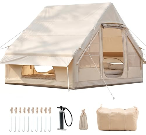 2-10Personen Aufblasbares Gampingzelt mit Oberlichter&Kaminöffnung, 420D Oxford Outdoor Familien Hauszelt Zelt, 4Jahreszeiten, wasserdichte, Ventilationssystem