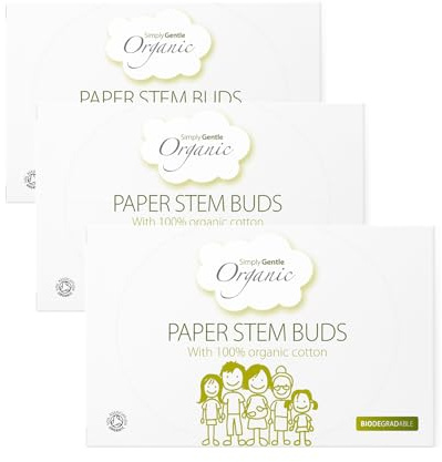 Simply Gentle Organic, Cotton Buds - 100% Organic Cotton & FSC Paper Stems - for Cleaning Delicate Areas around Eyes & Outer Ears - Eco Friendly & Biodegradable - 200 Buds (Pack of 3)