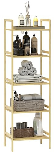 HOMCOM 5-Tier Bamboo Bathroom Storage Shelf, Freestanding Shelving Unit with Adjustable Rack for Kitchen Bathroom Living Room, Natural Wood Finish