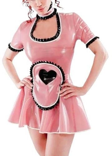 DAIJES Robe en Latex avec Fermeture éclair dans Le Dos, Manches Courtes, Tablier avec Bordures en Forme de cœur, Combinaison Moulante en Caoutchouc, Rose pâle avec Noir, S