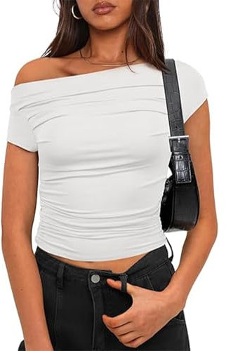 OOHOKAY Women's Off Shoulder Tops Slim Fit Shirt Basic Short Sleeve Y2K Summer Solid Color Going Out Tee Tops(White-j3,M)