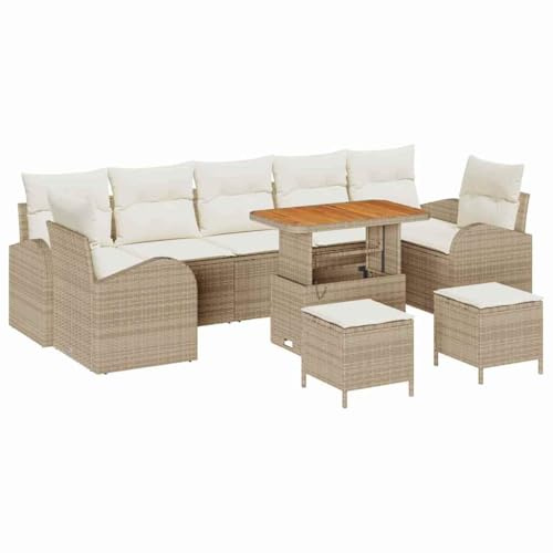 vidaXL Gartensofa-Set mit Kissen 10 pcs Beige Poly-Rattan, Garten Lounge Set, modernes Sofa für draußen, leichtes, modulares Mobiliar, UV-beständig, höhenverstellbarer Tisch