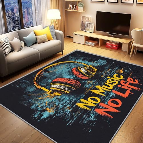 AevuCub Musikalisch Deko, Modern Kopfhörer Teppich 100x150 Kurzflor, Teppich Wohnzimmer Pop Art Graffiti, Weich rutschfest Waschbare Teppiche, Bettvorleger Schlafzimmer Kinderzimmer