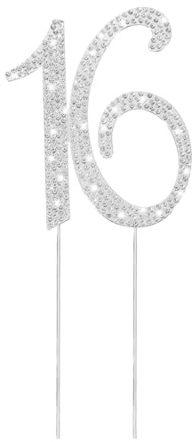 Happy 16th Birthday Cake Topper, Rhinestone Sweet 16 Cakes Decorations, Happy Sweets Sixteen Cake Toppers Candles 16th Cupcake Picks for Girls Birthday Wedding Party Decorations Supplies (Silver)