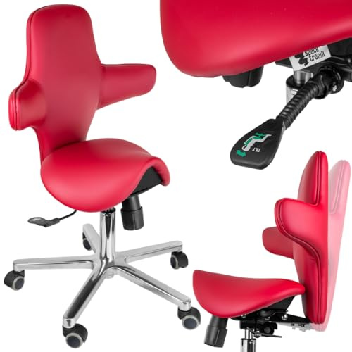 Spacetronik Sattelhocker mit Rückenlehne, Arbeitshocker Sattelsitz | Neigungsverstellung, Höhenverstellbar 59–79 cm, Rollhocker mit Metallbasis und 5 Rollen
