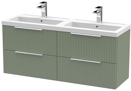 Balterley Vanity Unit with Basin Wall Hung, 4 Drawer Soft Close with 2 Rectangular Sink and Handles, Bathroom Vanity Units with Basin, Fluted Front Sink Cabinet - 1205 x 383 x 540mm (Green)