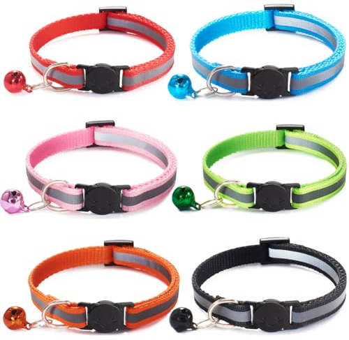 Jigichu 6 Pack Reflective Cat Collar with Bell, Breakaway and Safe Collars for Cats, Nylon, Pet Collar Mixed Colors Adjustable19-32cm