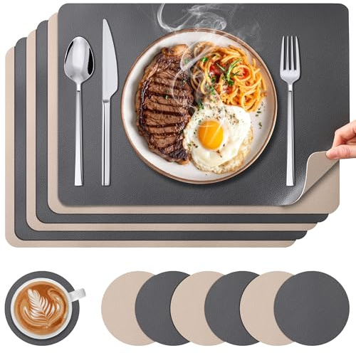 KUOGAS 6er Set Platzsets abwaschbar & Untersetzer, rechteckige Tischsets abwaschbar wasserdicht & rutschfeste doppelseitige Lederoptik für Küche, Esszimmer, Büro (Grau-Beige)