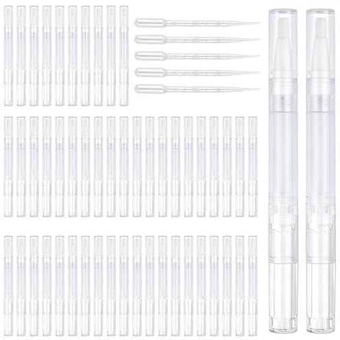 Akamino 50pcs Empty Cuticle Oil Pens with 5Droppers,3ML Transparent Twist Pens with Brush Tip, Empty Nail Oil Pens Cosmetic Container Applicators for Lip gloss, Nail Polish, Eyelash Growth Liquid etc