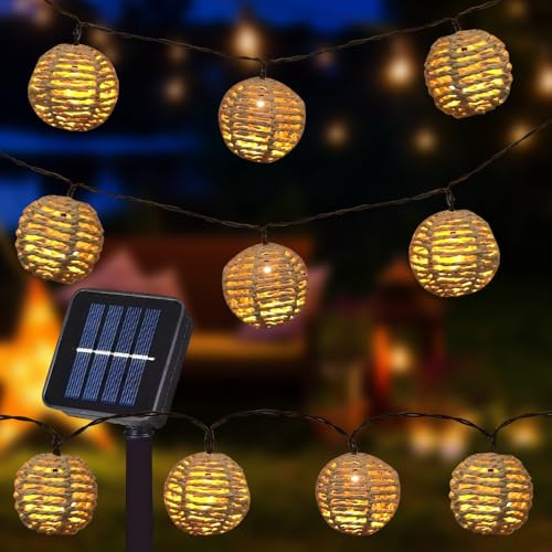 RNPKZ 10 Stück LED Solar Lichterkette Aussen, LED Solar Rattankugel Lampion, Lichterkette Außen Solar, Lampions Außen Wetterfest IP67, PapierseilSolar Lichterkette für Garten, Balkon, Hof, Hochzeit