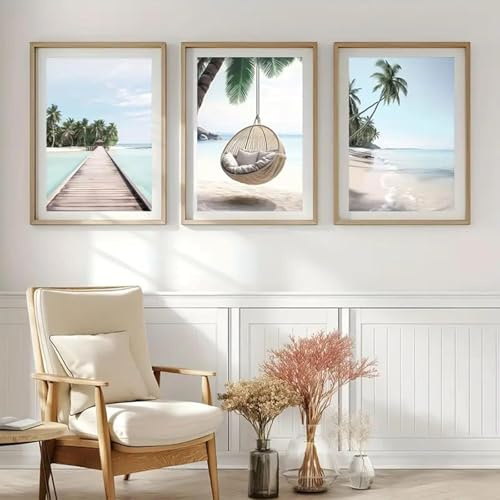 Xiyocadt 3er Poster Set,Strand Hängematte und Palmen Szenen Vintage Summer Aesthetic Hawaii Poster Strand Bilder,für Küche,Wohnzimmer, Esszimmer, Heimdekoration,Ohne Rahmen (50x70cm)