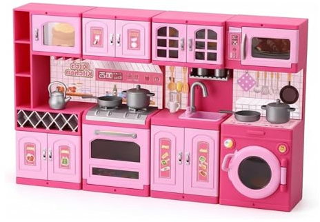 MSQUARE Mini World Kitchen Play Set For Kids, Realistic Oven, Sink, Stove, Cabinets, Microwave, Storage Shelves, Vibrant Colour, Educational And Pretend Play Set