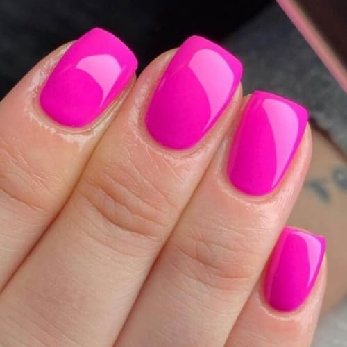 Hot Pink Press on Nails Short Square Fake Nails Solid Color False Nail Design Rose Pink Glossy Acrylic Nails for Women Girls DIY Manicure Decoration 24Pcs