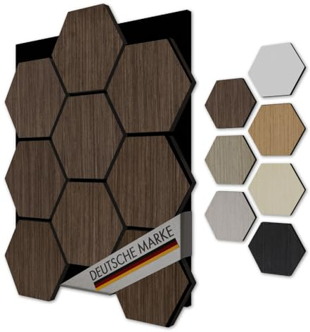 Akustiko Hexagon 3D Wandpaneele 3 Stück 567x693mm - Filz Akustikpaneele & MDF Träger Technisches Furnier Holzoptik Waben Wandverkleidung & Wanddekoration Premium Wanddesign (Walnut Black)