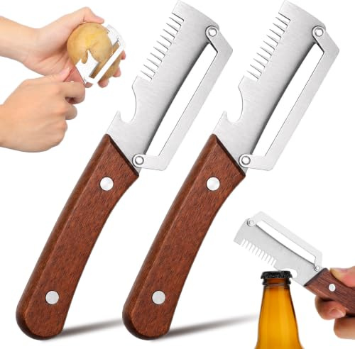 MOKKHNB 2 pelapatate: coltello pelapatate 2 in 1 con apribottiglie - Lama in acciaio inossidabile, strumento da cucina per affettare frutta, agrumi, patate e formaggio