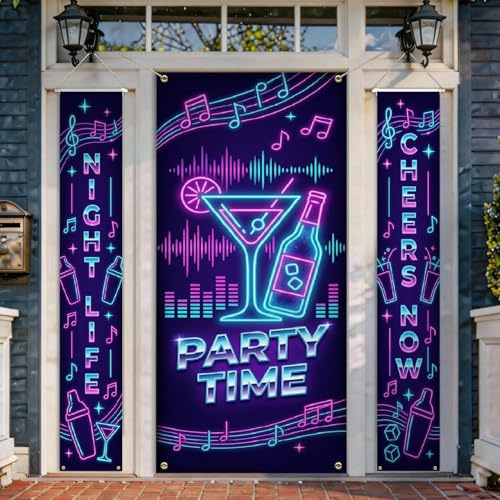Cocktail Willkommen Türabdeckung Set, Party Nachtszene Musiknoten Schallwellen Party Neon Blau Urlaub Veranda Hängende Tür Banner Dekorativ für Vordereingang Tür Eingang Outdoor 3pcs