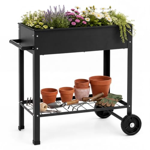 COSTWAY Jardinière Surélevée en Métal avec 2 roulettes Poignée (Noir) | Bac à Fleurs sur Pied avec Étagère en Grille, Trou de Drainage pour Légumes Fruits Herbes, Balcon Terrasse, 88 x 37 x 80 cm