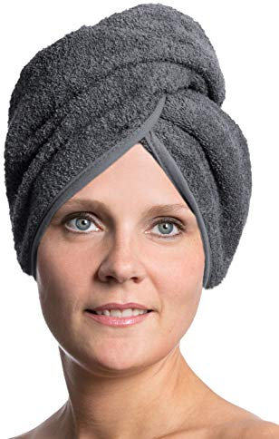 ZOLLNER Haarturban in grau - weiches Haarhandtuch mit Knopfverschluss - schnelltrocknend - waschbar bis 60°C - Baumwolle