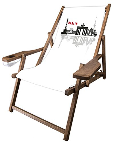 MultiBrands® Holz-Liegestuhl, mit Armlehne und Getränkehalter, dunkelbrauner Lasur, klappbar, Skyline Berlin