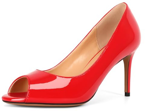 Elashe Peep Toes Damen Pumps Stiletto High Heels Slip On Hoher Schuhe Open Toe Elegante und Bequeme für Party Lack Rot EU38