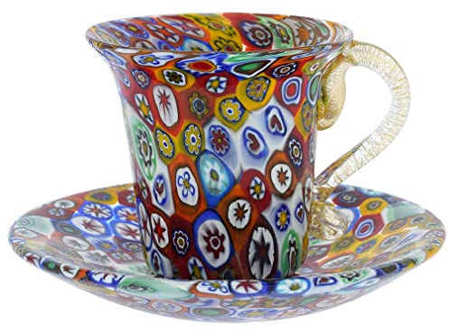 Vetro di venezia murano in vetro Millefiori Cup e piattino multicolore con accenti in oro 24K