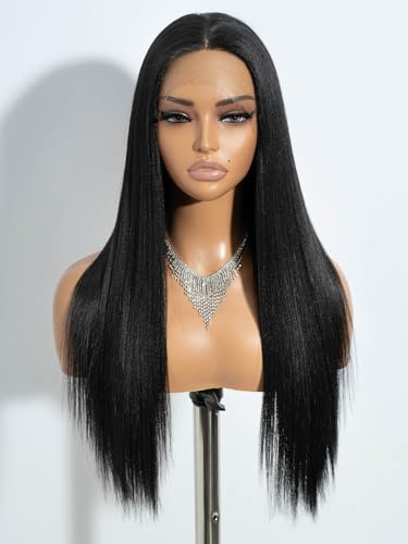 Joedir 13x4x4 Lace Front Perücke, lang glatt, mit Babyhaar, hochtemperaturbeständig Kunsthaar 180% Dichte (schwarz)