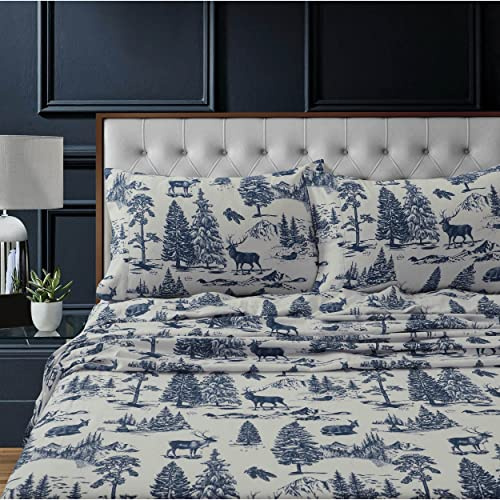 Tribeca Living Flannel Sheets Queen Size - 100% Cotton Flannel Sheet Set, 200 GSM Deep Pocket Queen Flannel Sheets, 4 Piece Ultra Soft Brushed Cotton Flannel Sheet in Deer Toile Navy Print