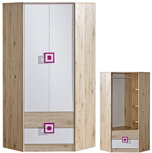 Furniture24 Eckkleiderschrank NICO 02, Eckschrank, Drehtürenschrank, Schrank mit 2 Schubfächern, 3 Einlegeboden und Kleiderstange (Hell Eiche/Weiß/Rosa)