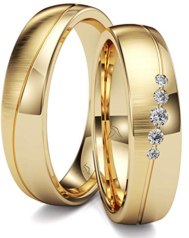 KOLIBRI RINGS GOLD- Eheringe Paarpreis Gold 333 Massiv mit 5 Diamanten Trauringe Verlobungsringe Partnerringe 100% Made in Germany- Inkl. Gratis Etui + Gravur + Zertifikat (Quermatt/Hochglanz Poliert)