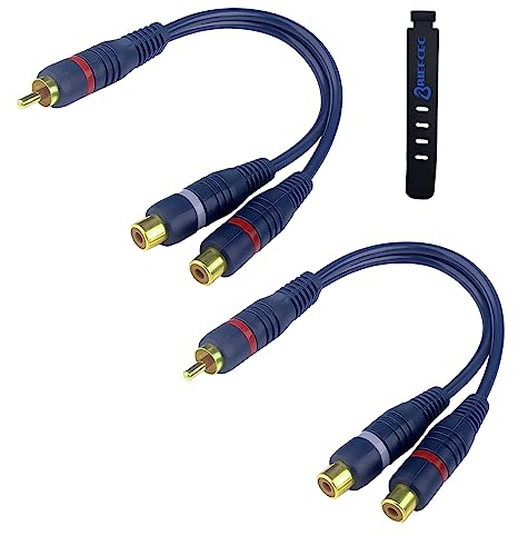 BRIEFCEC Adaptador Y para cable splitter Cinch de 15 cm, para subwoofer compatible con Phono, AV, audio coaxial y cables RCA (1 conector macho a 2 jacks hembra, 2 unidades, color azul)