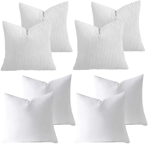 AMEHA Stripe White Cushions with Covers included 45 x 45 cm Pack of 4 (4 Covers, 4 Inserts) Decorative Square Throw Pillowcases for Couch Bedroom Sofa with Invisible Zipper 18x18 inches