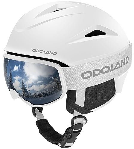 Odoland Ski Helmet with VLT 18% Ski Goggles for Skiing and Snowboard, Light Weight and Adjustable Ventilation Snow Helmet with Warm Fluffy Earpads for Men Women Adult and Youth, White M