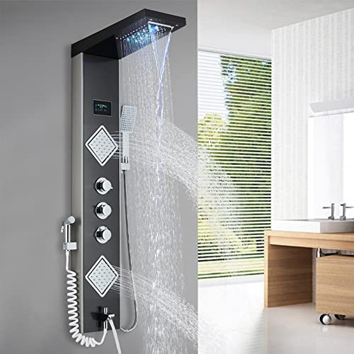Saeuwtowy Panneau de colonne de douche d'hydromassage à LED en Affichage de la température de l'eau, deux grandes buses de massage, six modes de douche avec pistolets pulvérisateurs, brossés noirs