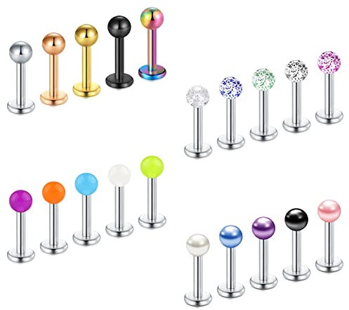 vcmart 20stk Labret Lippenpiercing Stecker 1,2mm Monroe Medusa Helix Tragus Stud 6/8/10/12mm Edelstahl Piercing