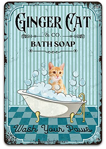 Ginger Cat & Co. Blechschild mit Aufschrift Bath Soap Wash Your Paws, Vintage-Stil, lustiges Kätzchen, Haustier-Kunstdruck, Poster, Badezimmer, Toilette, Wohnzimmer, Heimkunst, Wanddekoration, 20,3