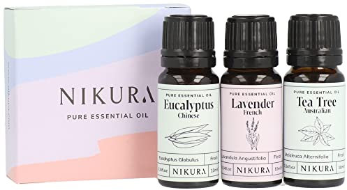 Nikura Everyday Essential Oil Collection - 3 x 10ml | Essential Oils for Diffusers for Home, Aromatherapy, Sleep, Hair | Eucalyptus, Lavender & Tea Tree Essential Oil Gift Set | 100% Pure & Natural