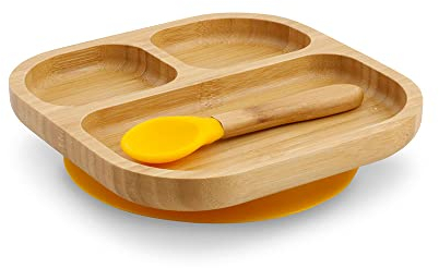 BIOZOYG Juego de platos de bambú cuadrados I Plato con ventosa y cuchara - certificado FSC I platos madera de bambú p. niños - plato y cuenco para niños I vajilla bambú para bebés cuadrada amarillo